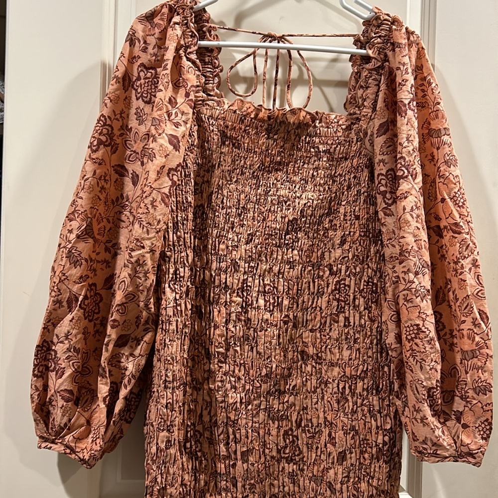 NWOT Free People Floral Smocked tube elastic BodyCon Mini Dress puff sleeves L - Picture 8 of 9